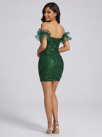 Cristina Emerald Sequin Off-Shoulder Bodycon Mini Dress on model