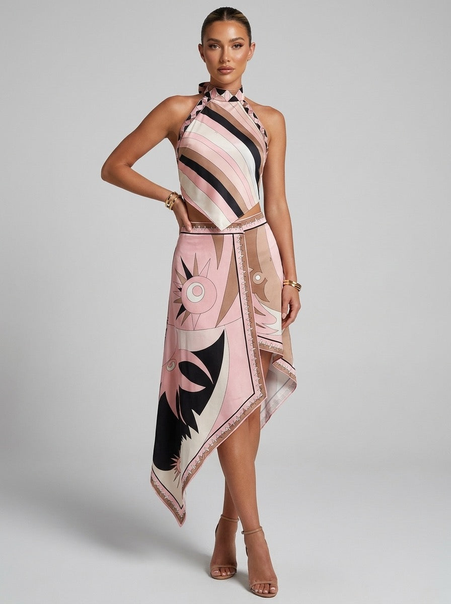 Crocetta Printed Satin Halter Crop Top & Maxi Skirt Set on model
