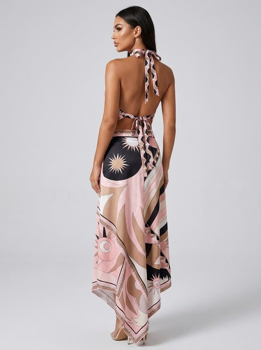 Crocetta Printed Satin Halter Crop Top & Maxi Skirt Set on model