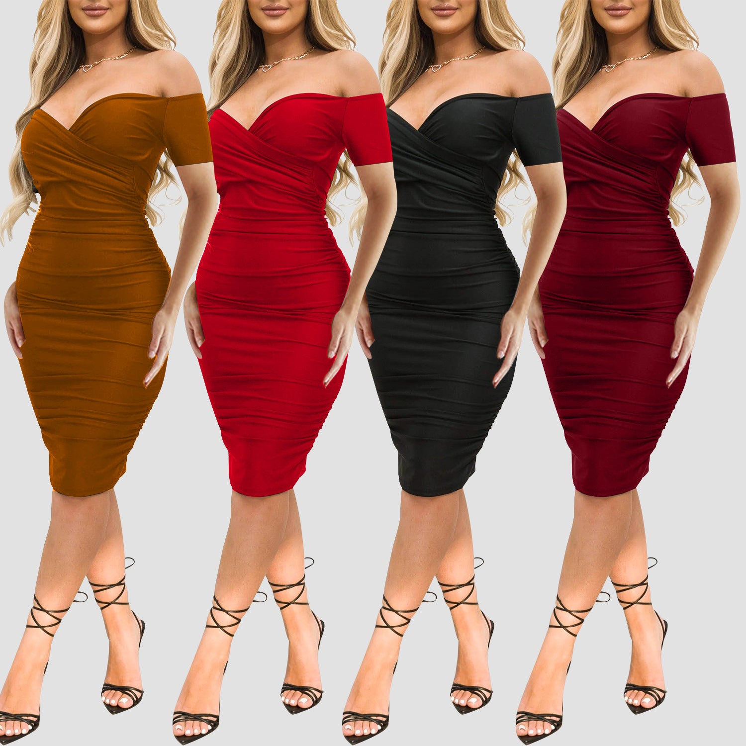 Cassia Off-Shoulder Sweetheart Ruched Bodycon Midi Dress