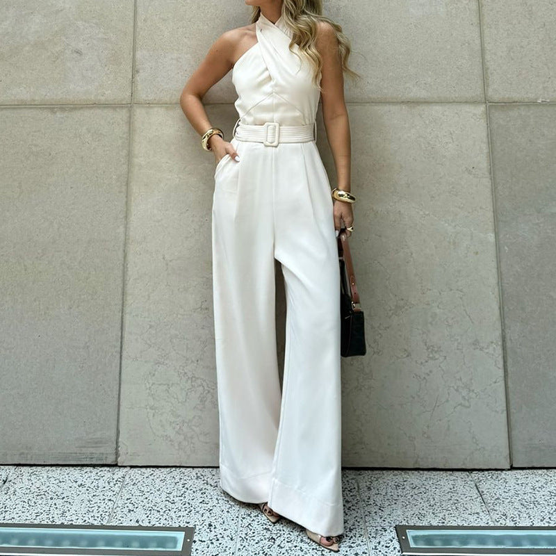 Romana Cross-Halter Belted Wide-Leg Jumpsuit