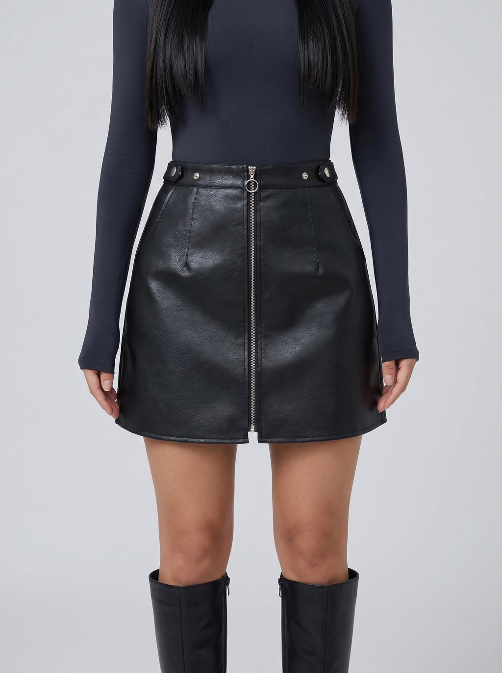 Dafne Faux Leather Mini Skirt on model