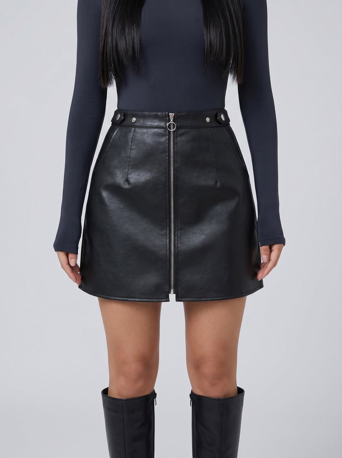 Dafne Faux Leather Mini Skirt on model