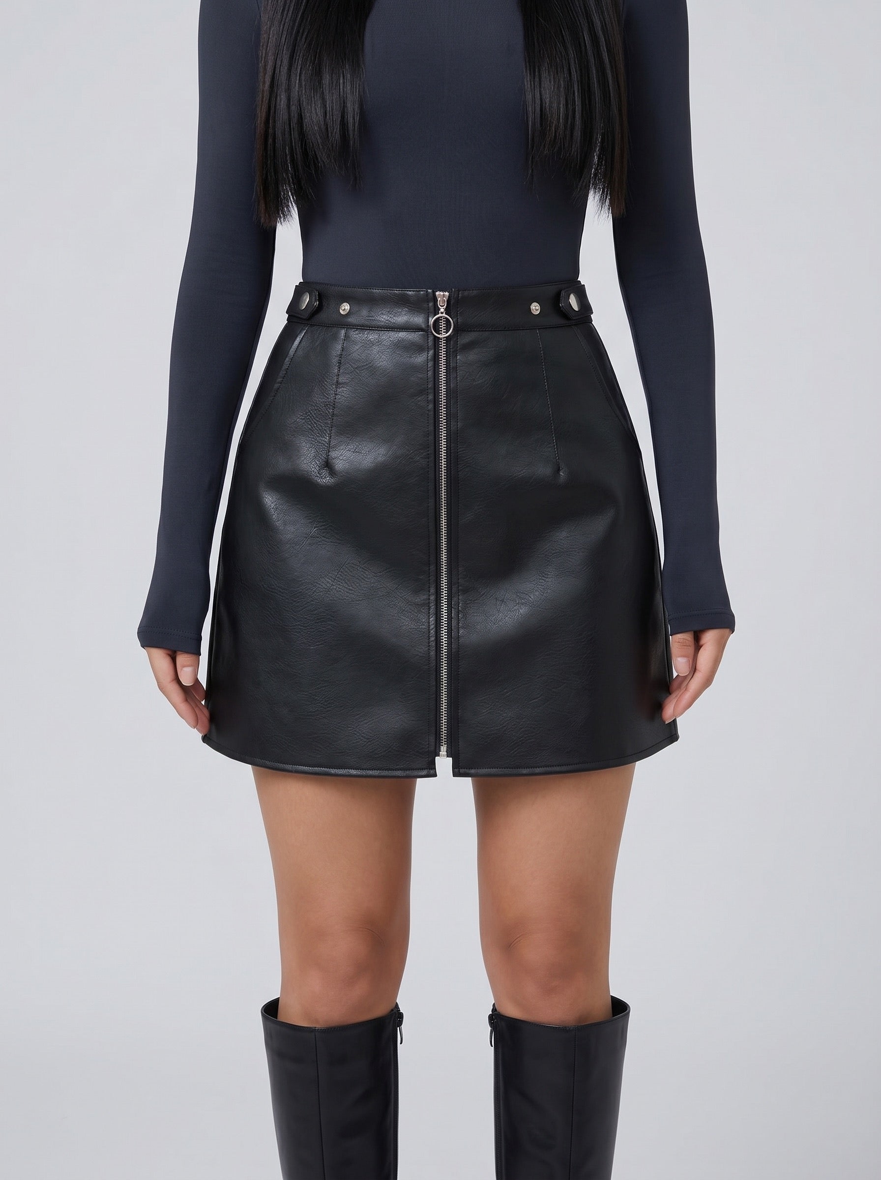 Dafne Faux Leather Mini Skirt on model