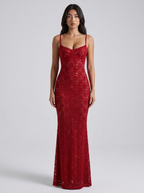 Daria Red Lace Slip Maxi Dress on model