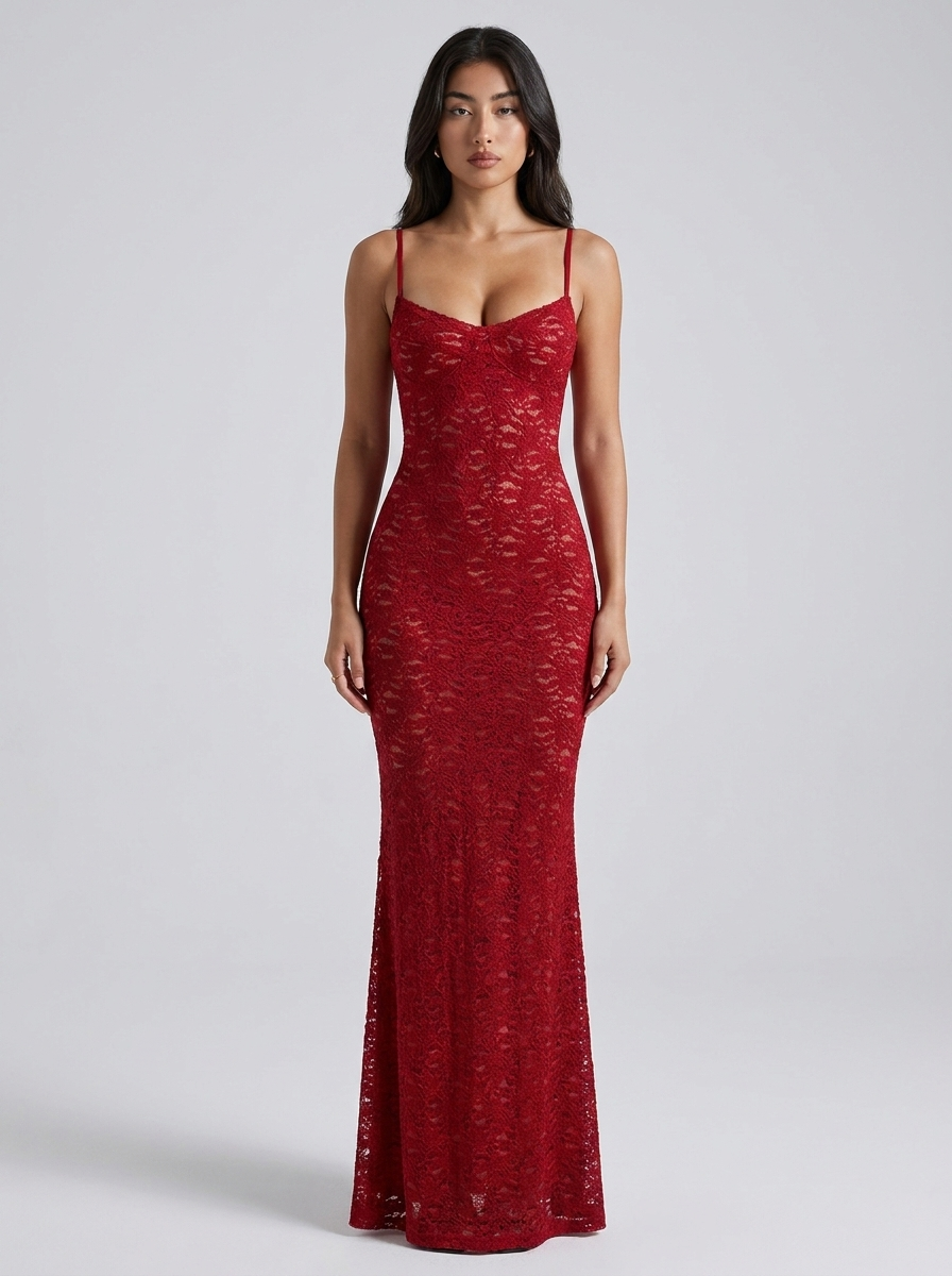 Daria Red Lace Slip Maxi Dress on model