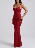Daria Red Lace Slip Maxi Dress on model