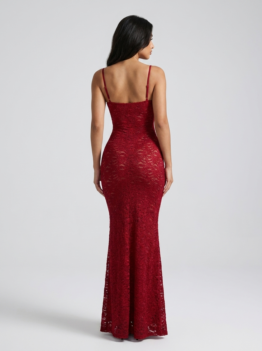 Daria Red Lace Slip Maxi Dress on model