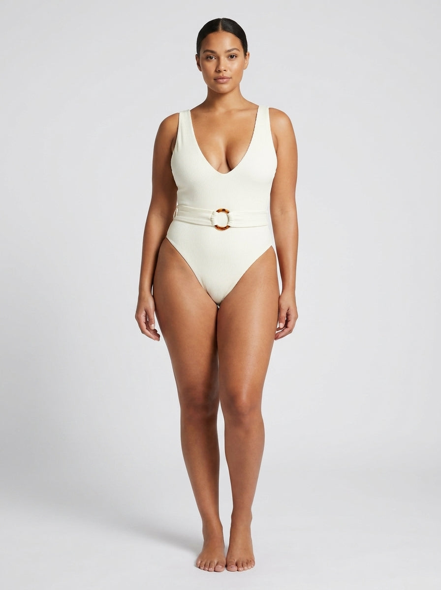 Delia Ring-Belt Plunge One-Piece Swimsuit on model
