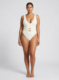 Delia Ring-Belt Plunge One-Piece Swimsuit on model