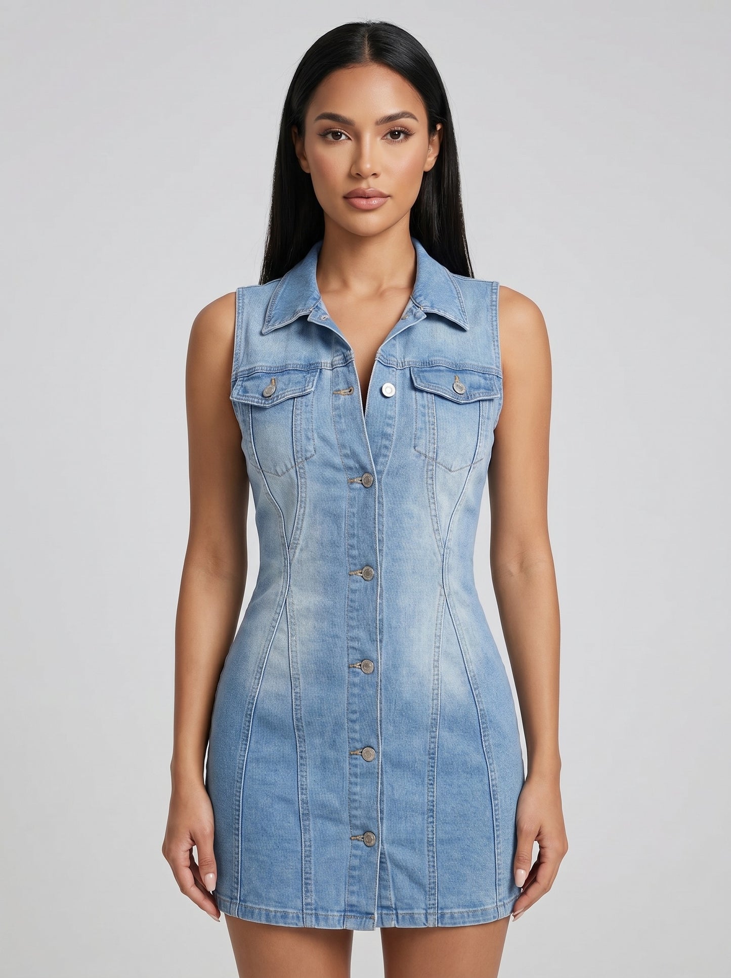 Demi Denim Button Dress on model