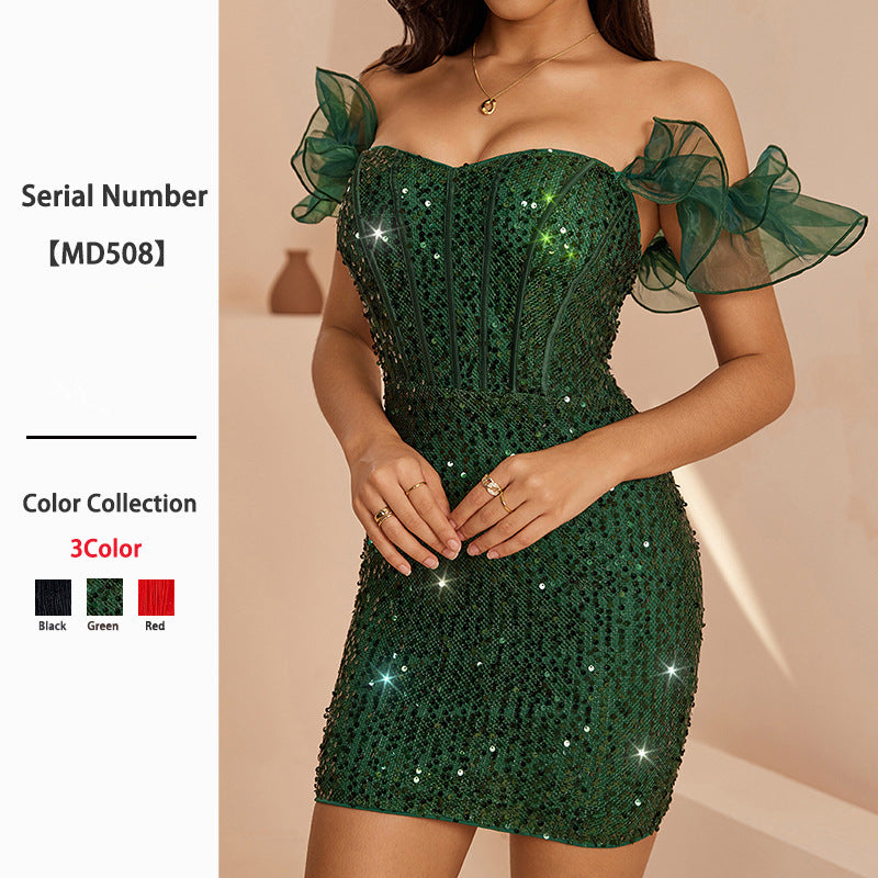 Cristina Emerald Sequin Off-Shoulder Bodycon Mini Dress