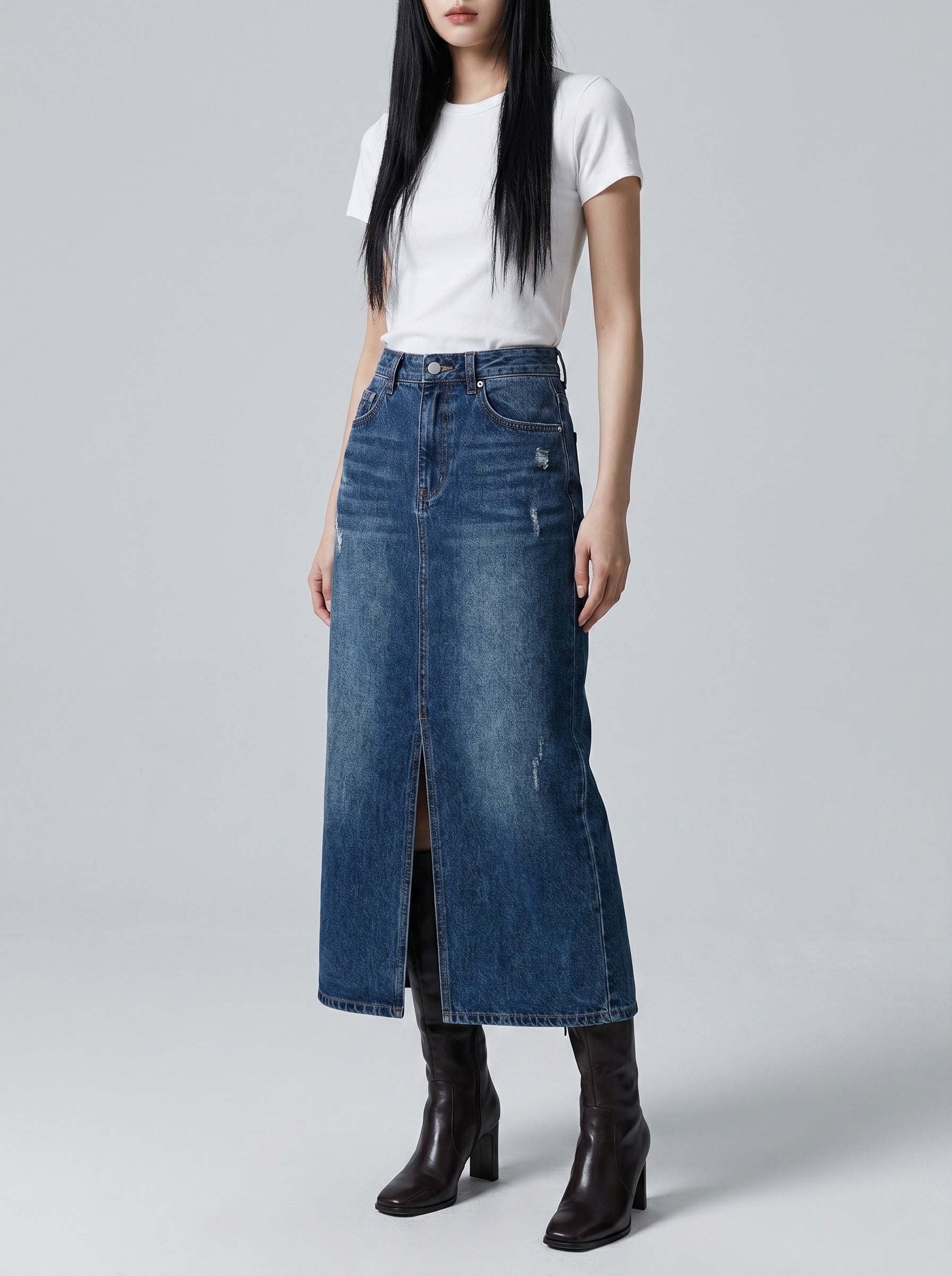 Donata Denim Midi Skirt on model