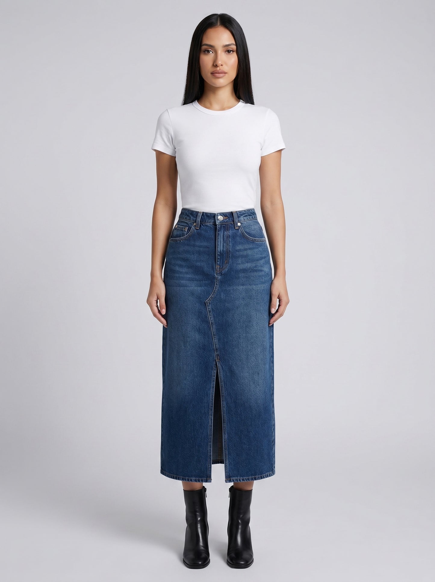 Donata Denim Midi Skirt on model