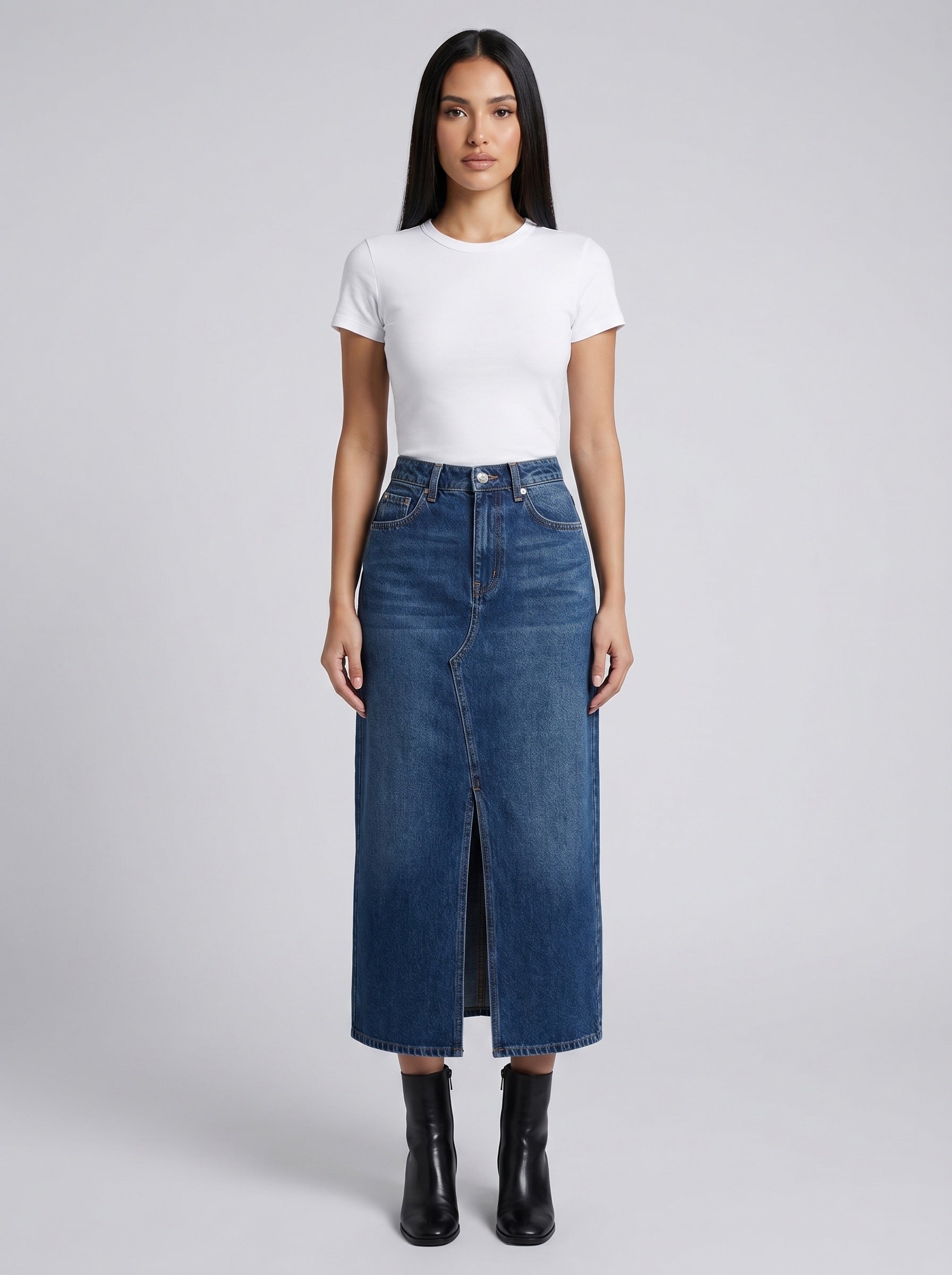 Donata Denim Midi Skirt on model