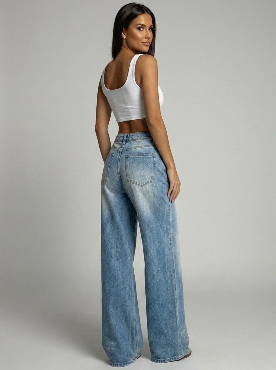 Doralice Vintage Wash Wide Leg Jeans on model