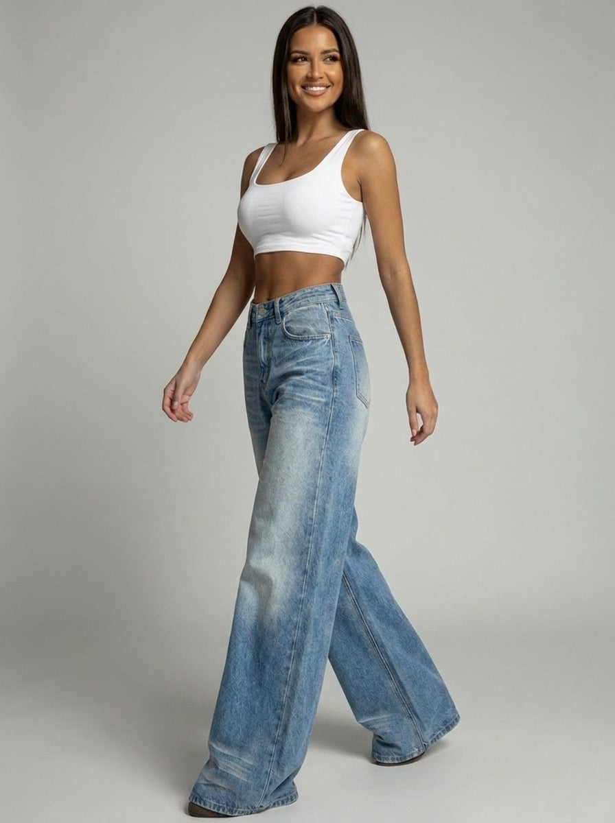 Doralice Vintage Wash Wide Leg Jeans on model