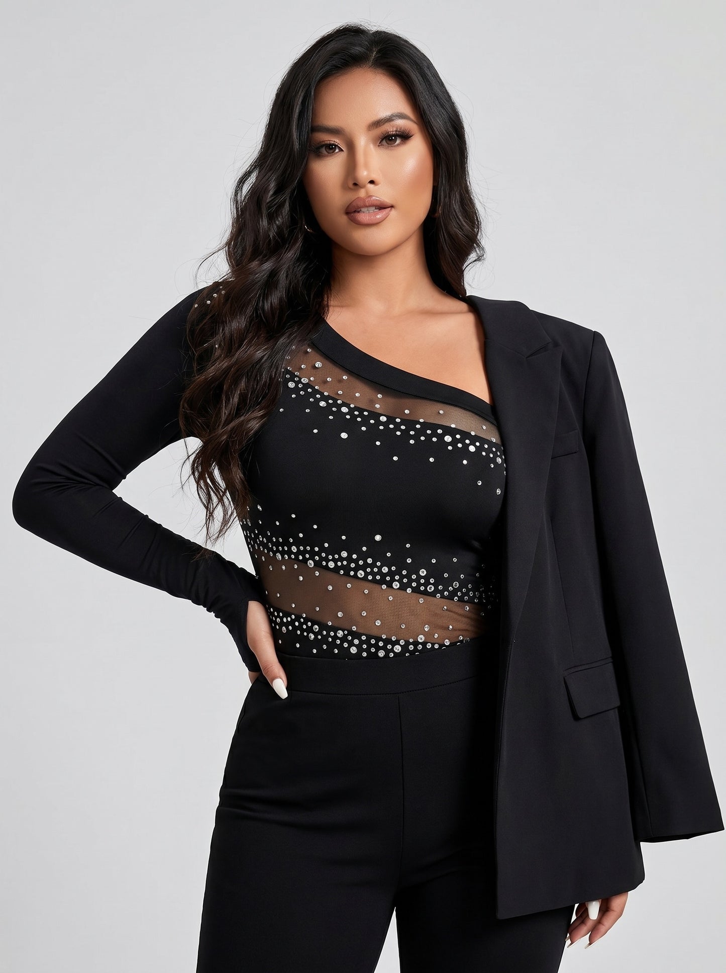 Drusilla Rhinestone Mesh Top on model