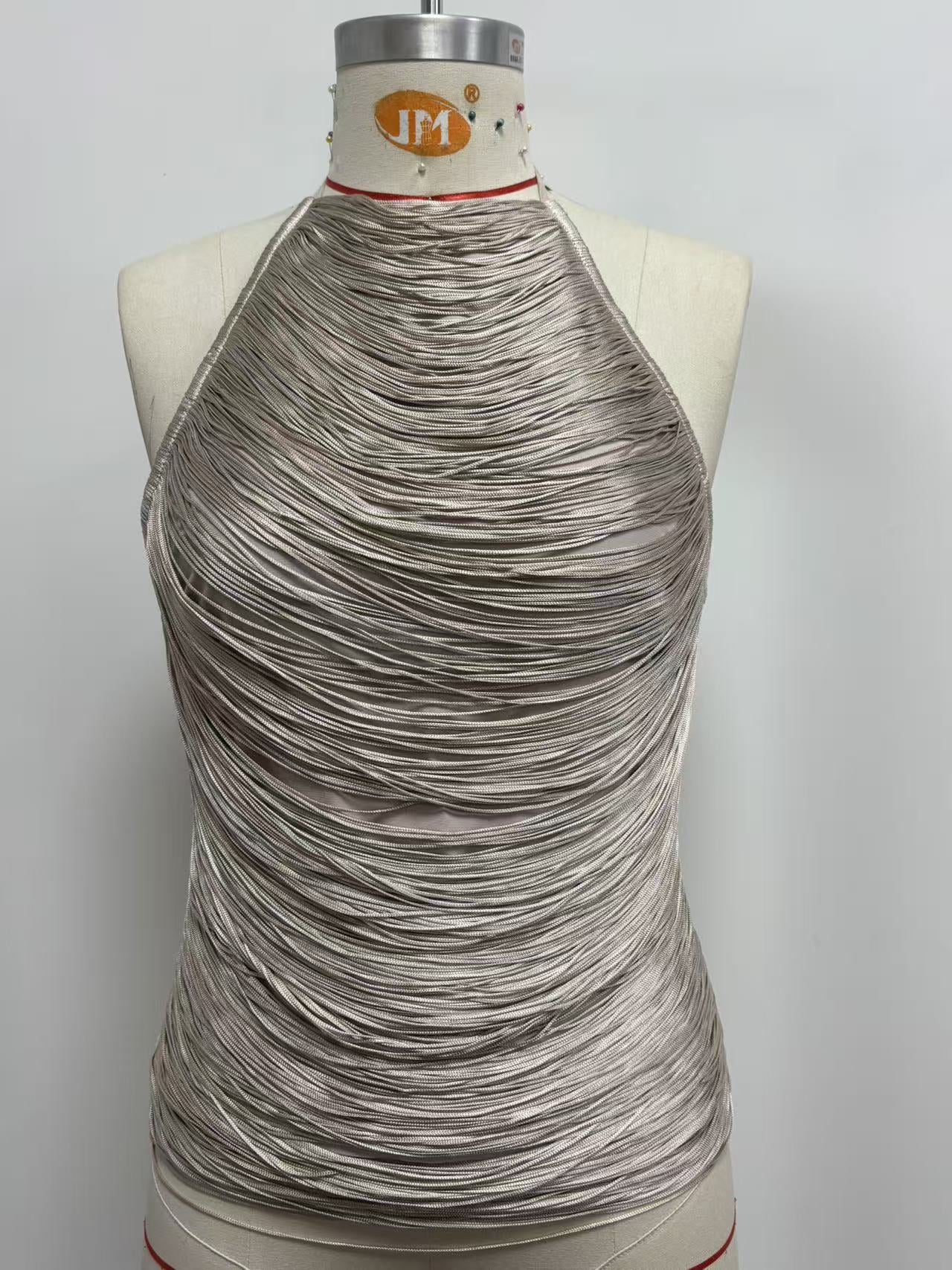 Estella Metallic Fringe Halter Top