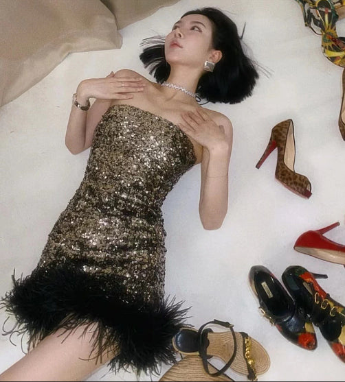 Fulvia feather-hem sequin mini