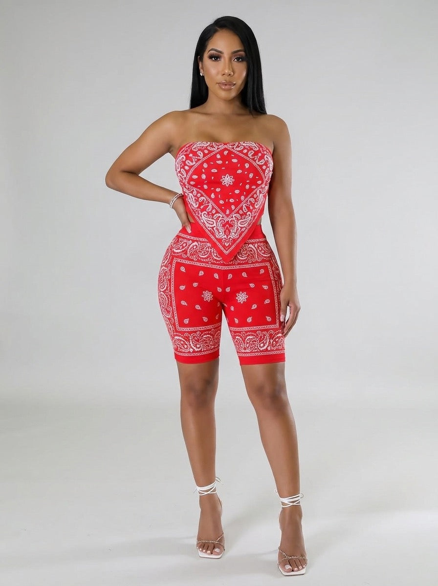 Editta Bandana-Print Bandeau & Biker Short Set on model
