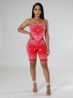 Editta Bandana-Print Bandeau & Biker Short Set on model