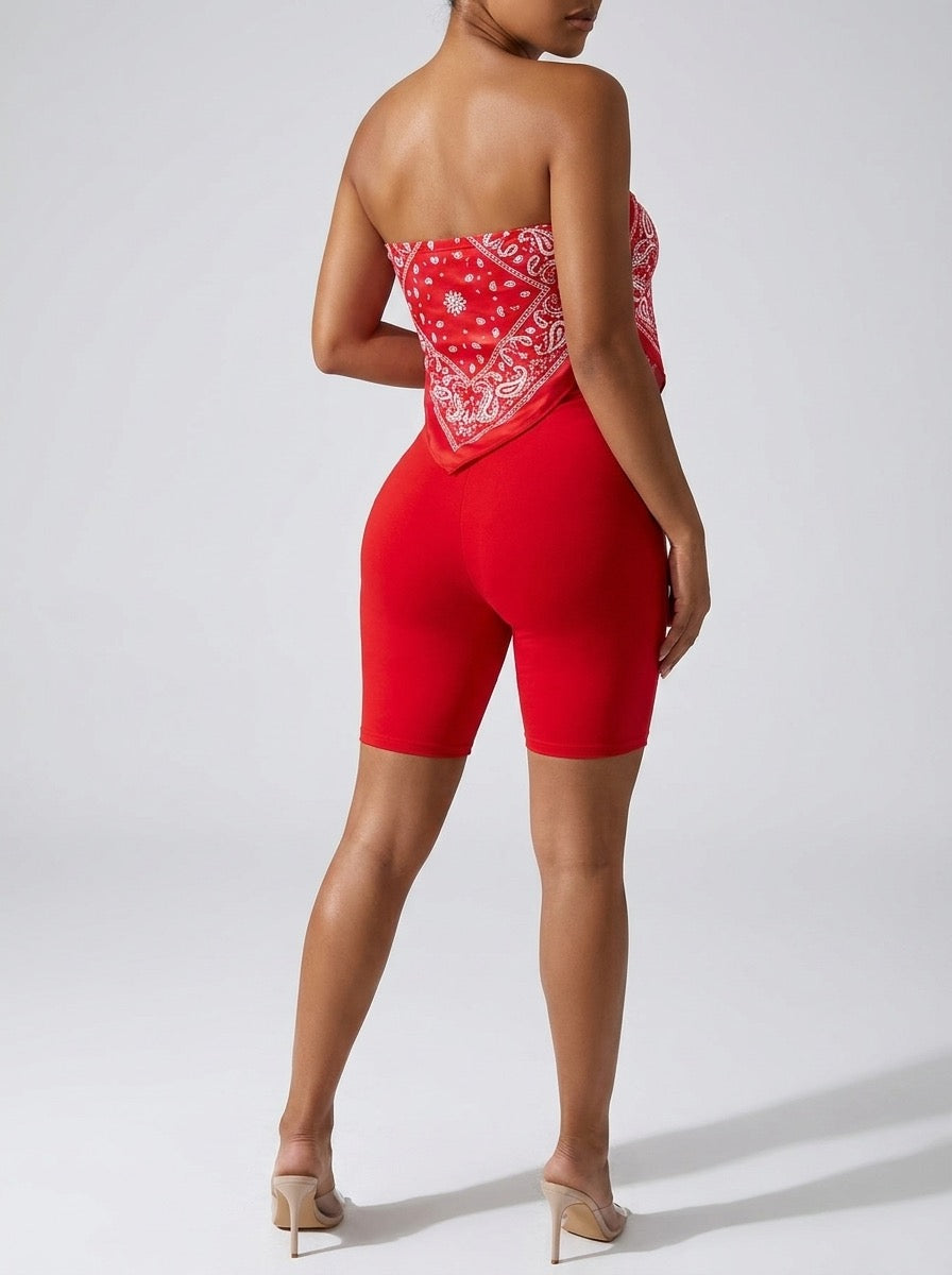 Editta Bandana-Print Bandeau & Biker Short Set on model