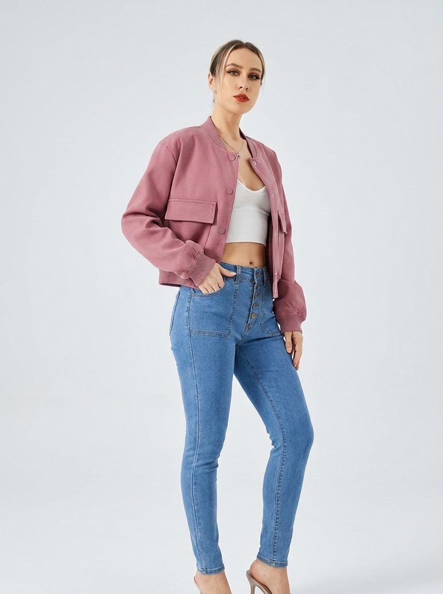 Edvige Cropped Varsity Bomber Jacket on model