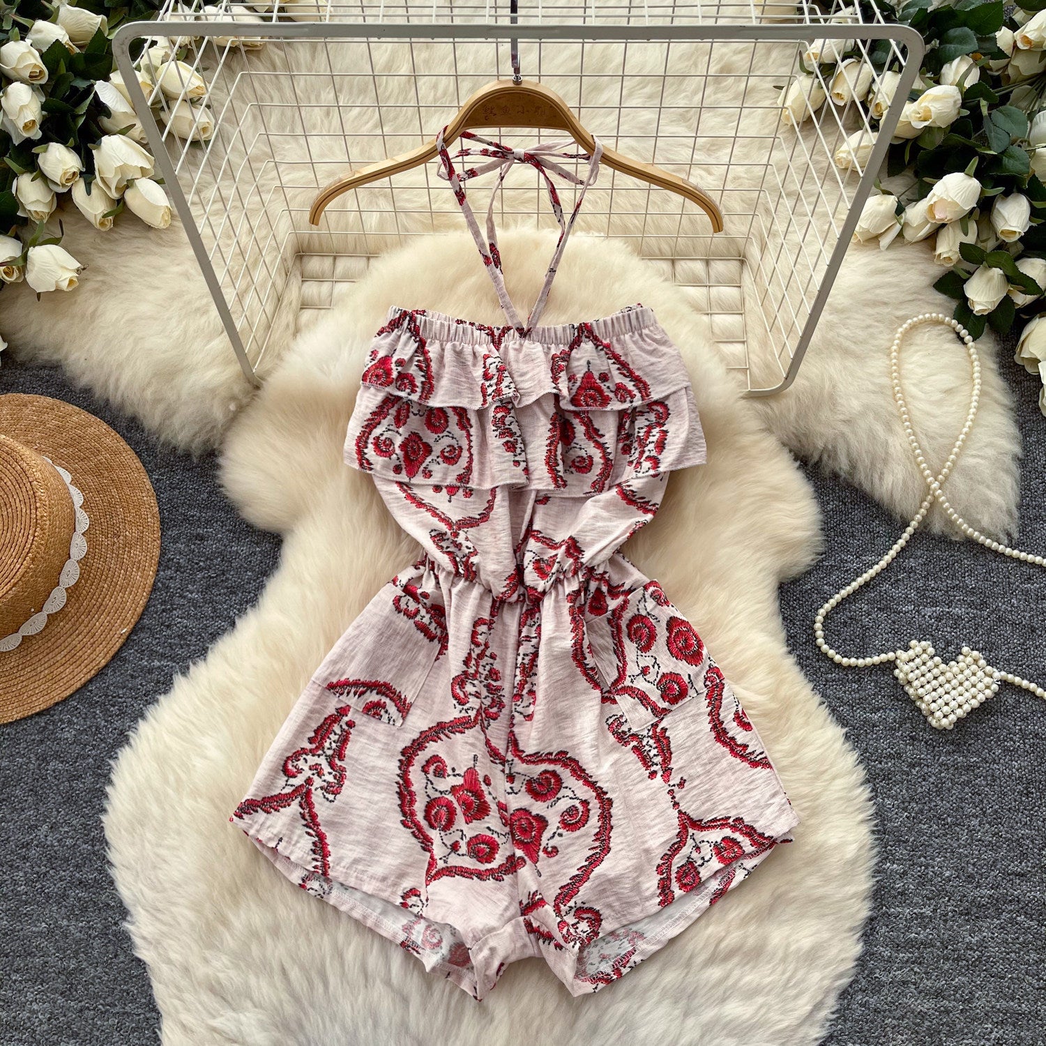 Melania Halter Ruffle Print Romper