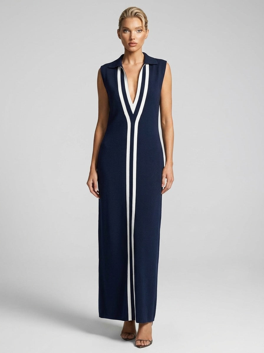Egle Colorblock Contrast-Stripe Ribbed Maxi Dress on model