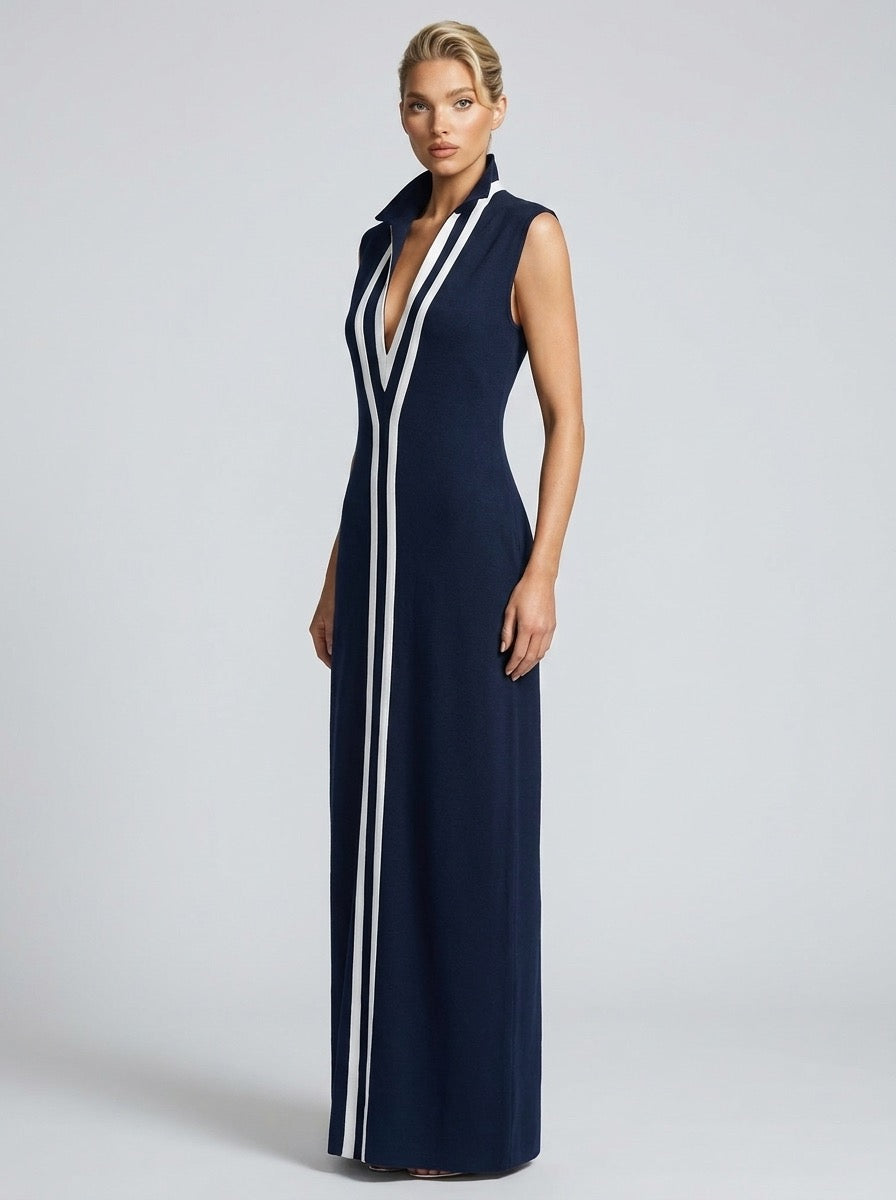 Egle Colorblock Contrast-Stripe Ribbed Maxi Dress on model