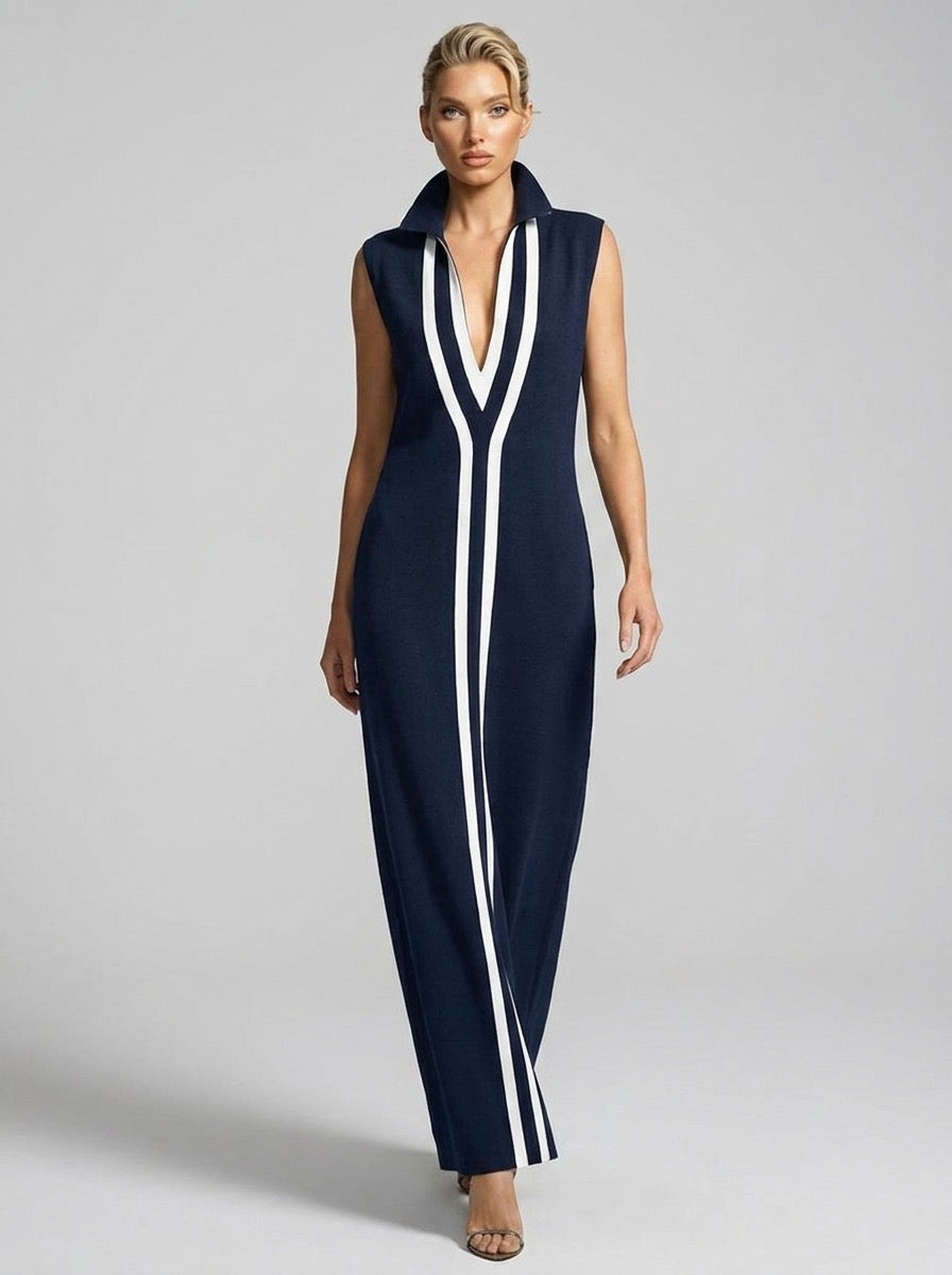 Egle Colorblock Contrast-Stripe Ribbed Maxi Dress on model