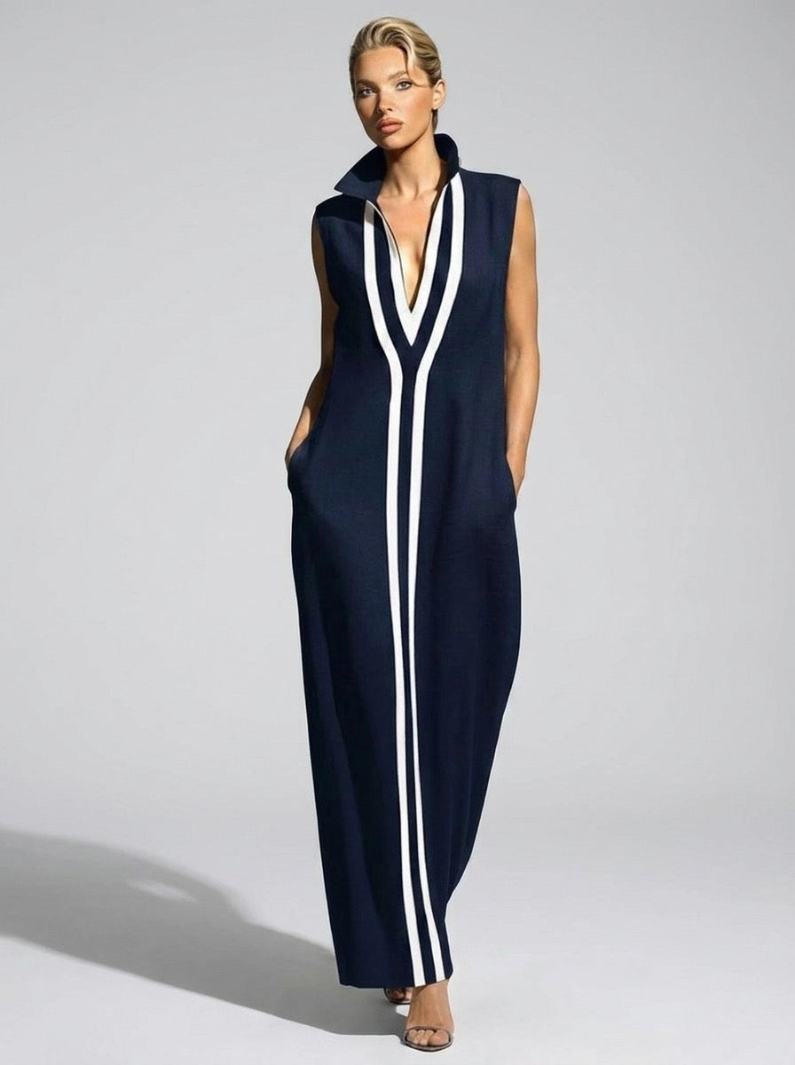 Egle Colorblock Contrast-Stripe Ribbed Maxi Dress on model