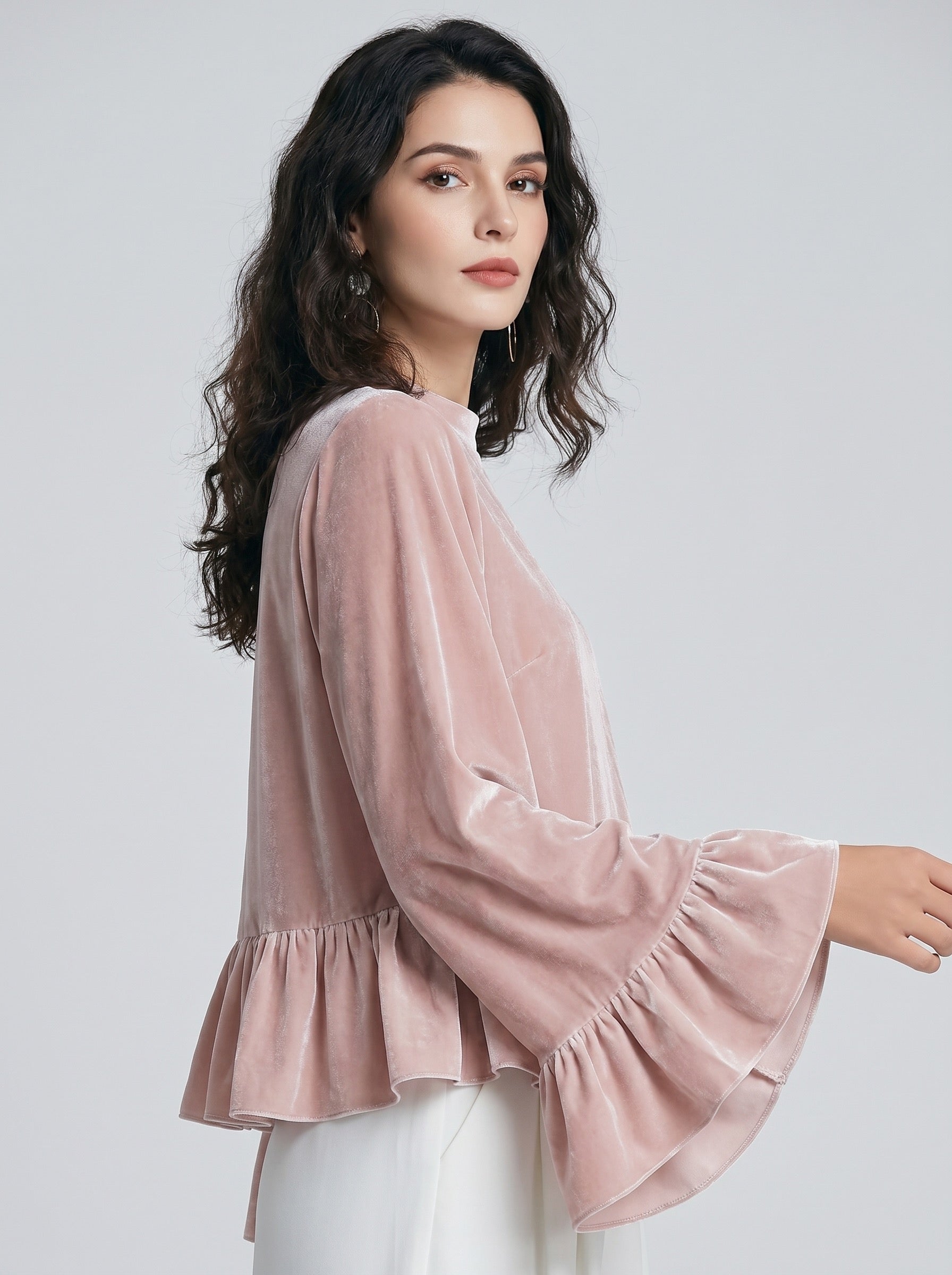 Eloisa Velvet Flute Top on model