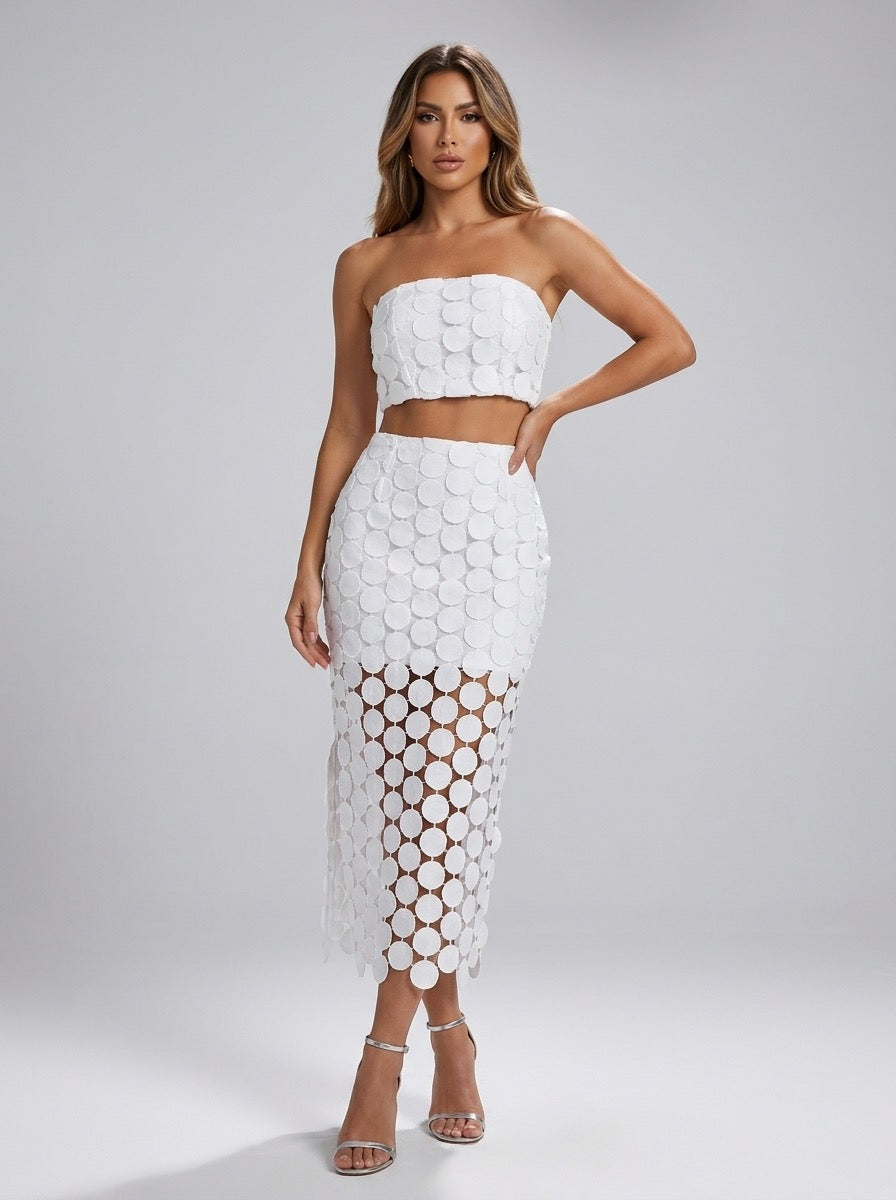 Emanuela White Cutout Bandeau Crop & Midi Skirt Set on model