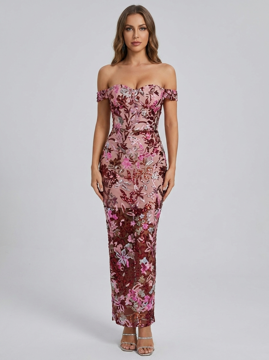 Emilia Off-Shoulder Floral Sequin Maxi Dress on model