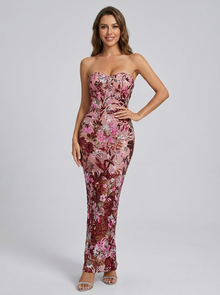 Emilia Off-Shoulder Floral Sequin Maxi Dress on model