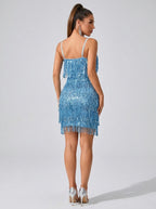 Ersilia Sequin Tiered-Fringe Tassel Mini Dress on model