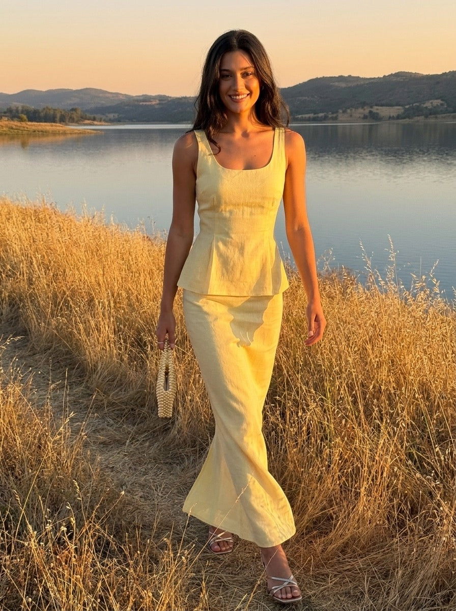 Evelina Scoop-Neck Tank and Fishtail Maxi Skirt Two-Piece Set on model