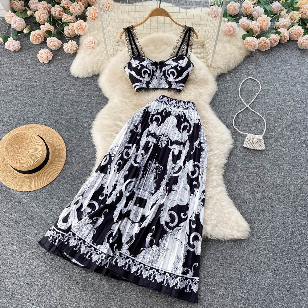 Albina Baroque-Print Corset Top & Pleated Skirt Set