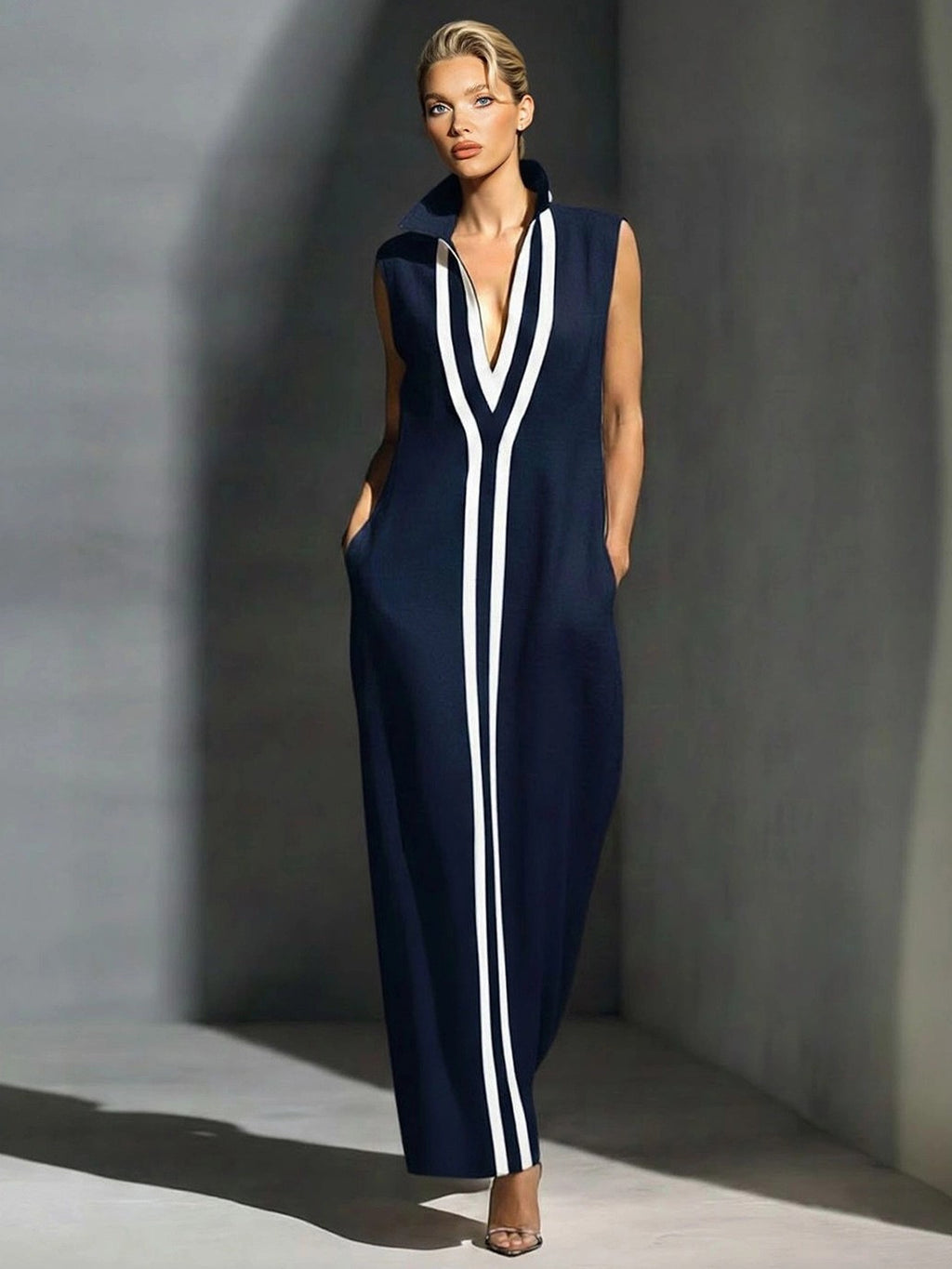 Egle Colorblock Contrast-Stripe Ribbed Maxi Dress