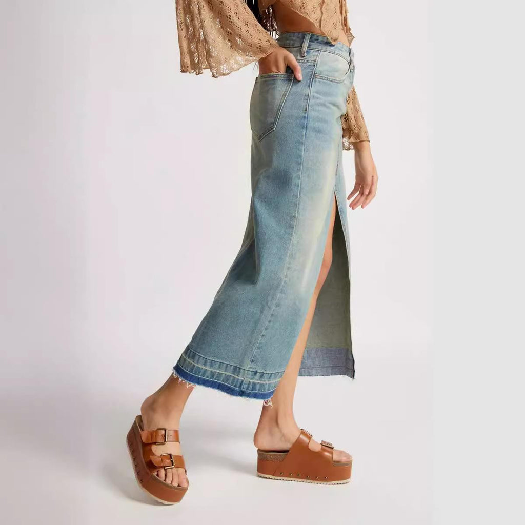 Brunilde High-Waist Slit Denim Maxi Skirt