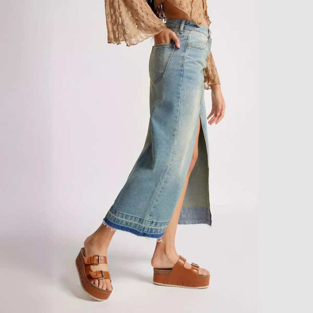 Brunilde High-Waist Slit Denim Maxi Skirt