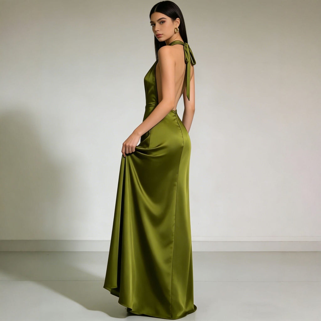 Liora Satin Cowl-Neck Backless Maxi Gown