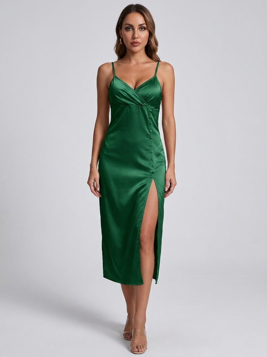 Fabrizia Satin Button-Front Cowl Slip Midi Dress on model