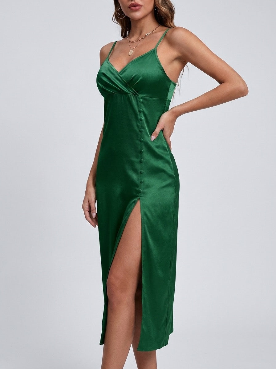 Fabrizia Satin Button-Front Cowl Slip Midi Dress on model