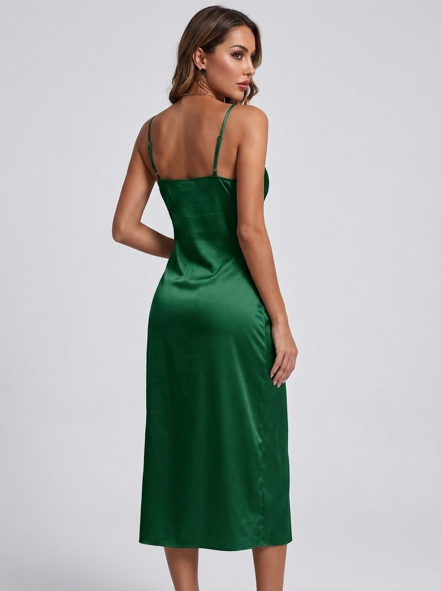 Fabrizia Satin Button-Front Cowl Slip Midi Dress on model
