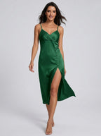 Fabrizia Satin Button-Front Cowl Slip Midi Dress on model