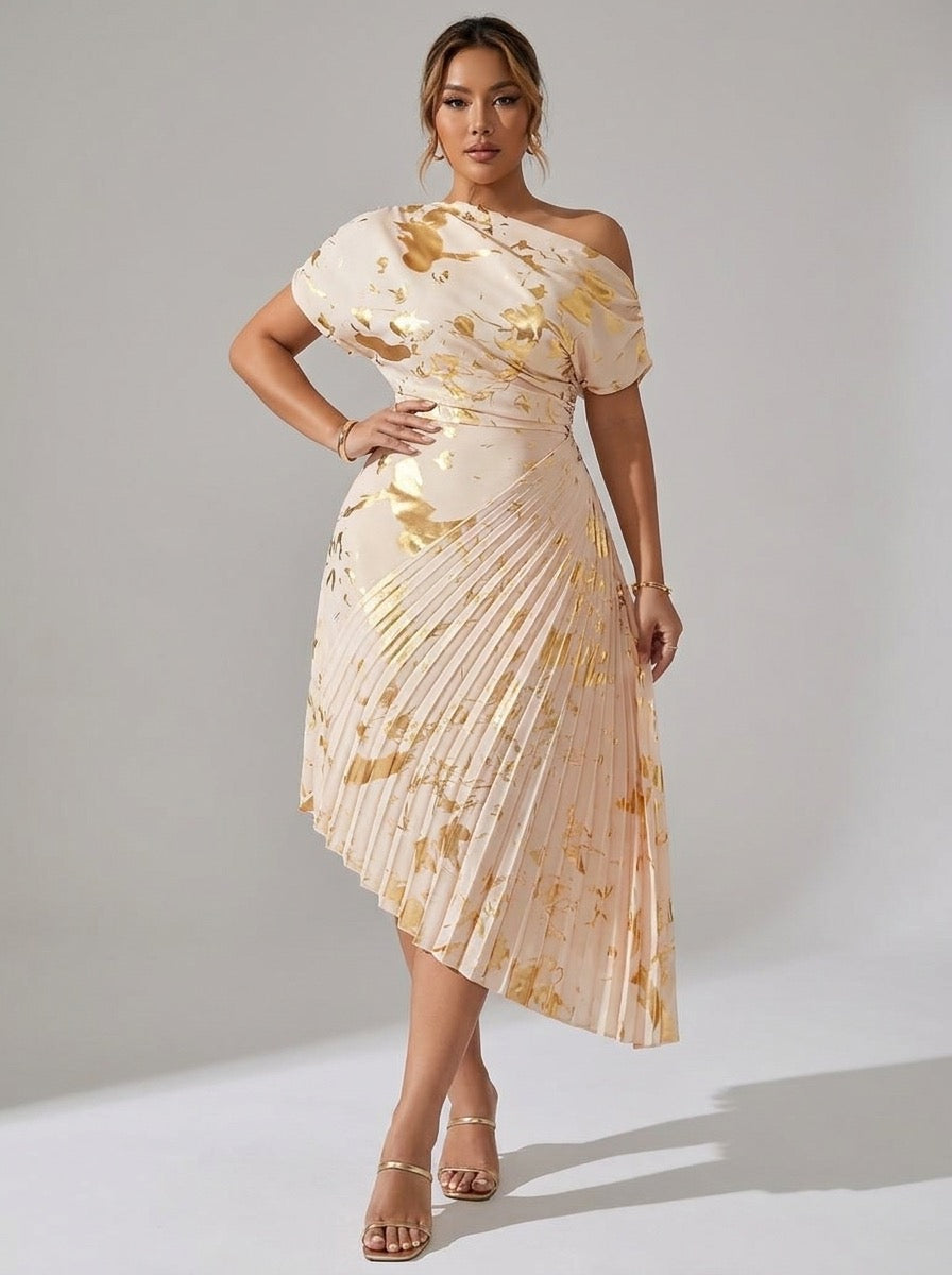 Fedora Metallic Foil Asymmetric Pleated Midi Dress on model