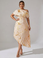 Fedora Metallic Foil Asymmetric Pleated Midi Dress on model